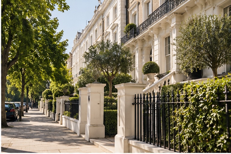 White stucco houses with black railings in Holland Park