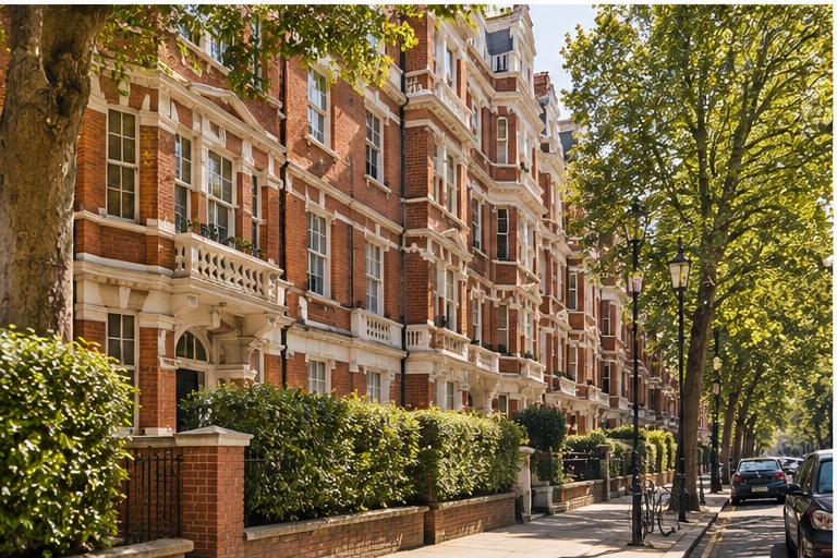Red-brick mansion blocks on a tree-lined Maida Vale avenue