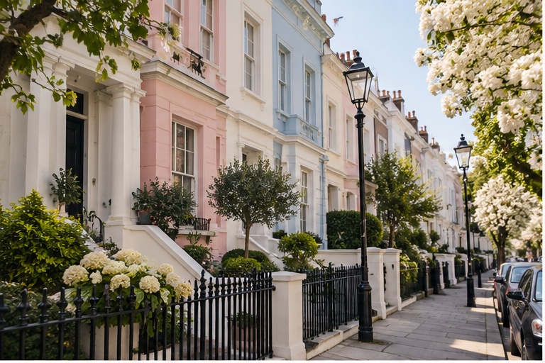 Pastel-painted terraced houses on a Notting Hill street