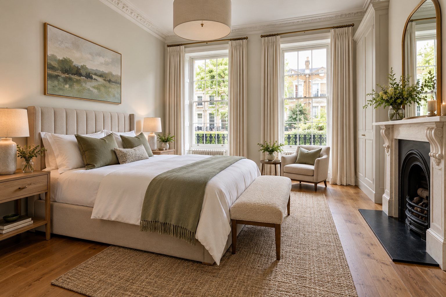 Bedroom with sash windows, fireplace and sage green linen