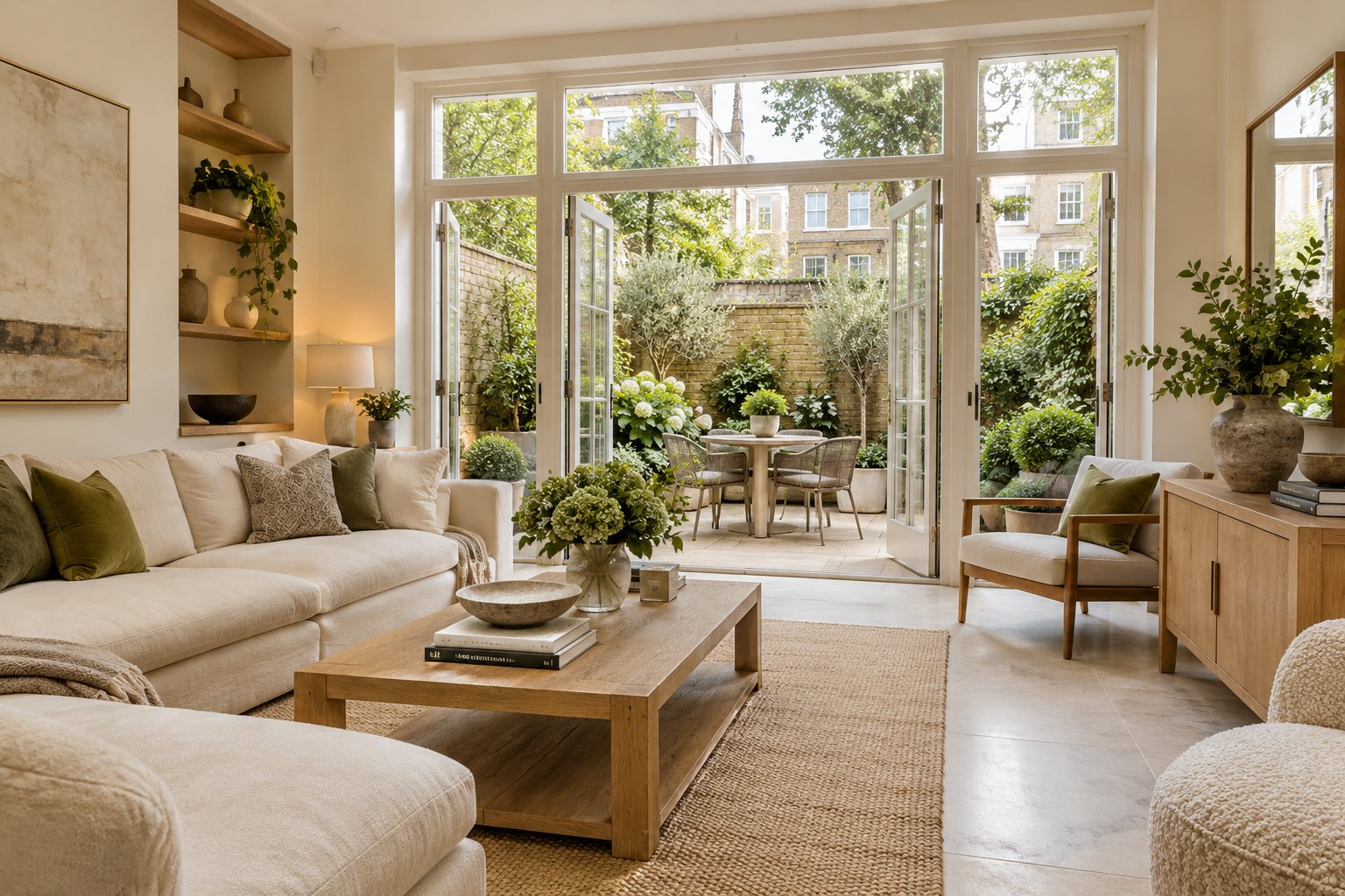 Living room opening onto a walled garden through French doors