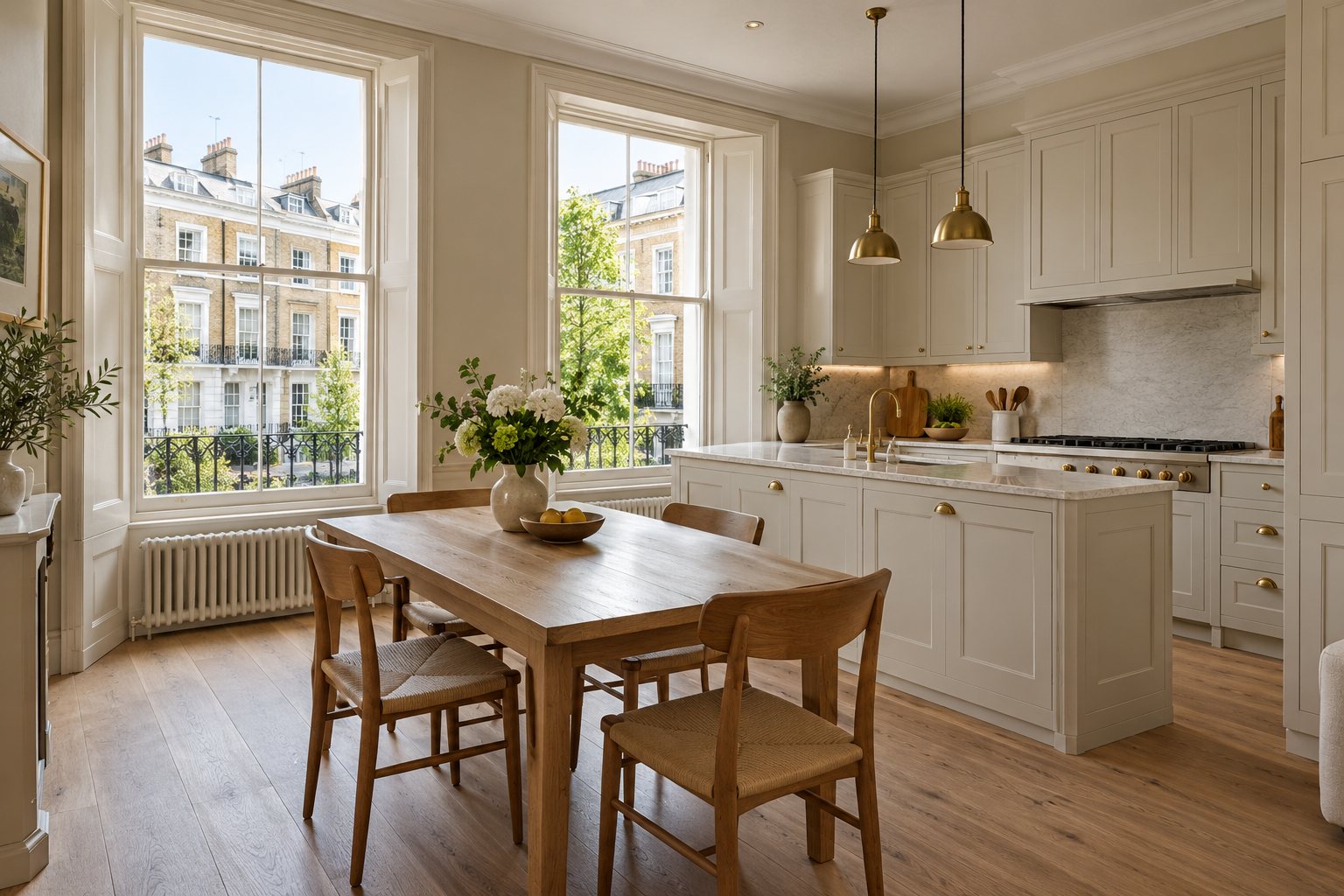 Kitchen and dining room with brass pendants and a view of a stucco terrace
