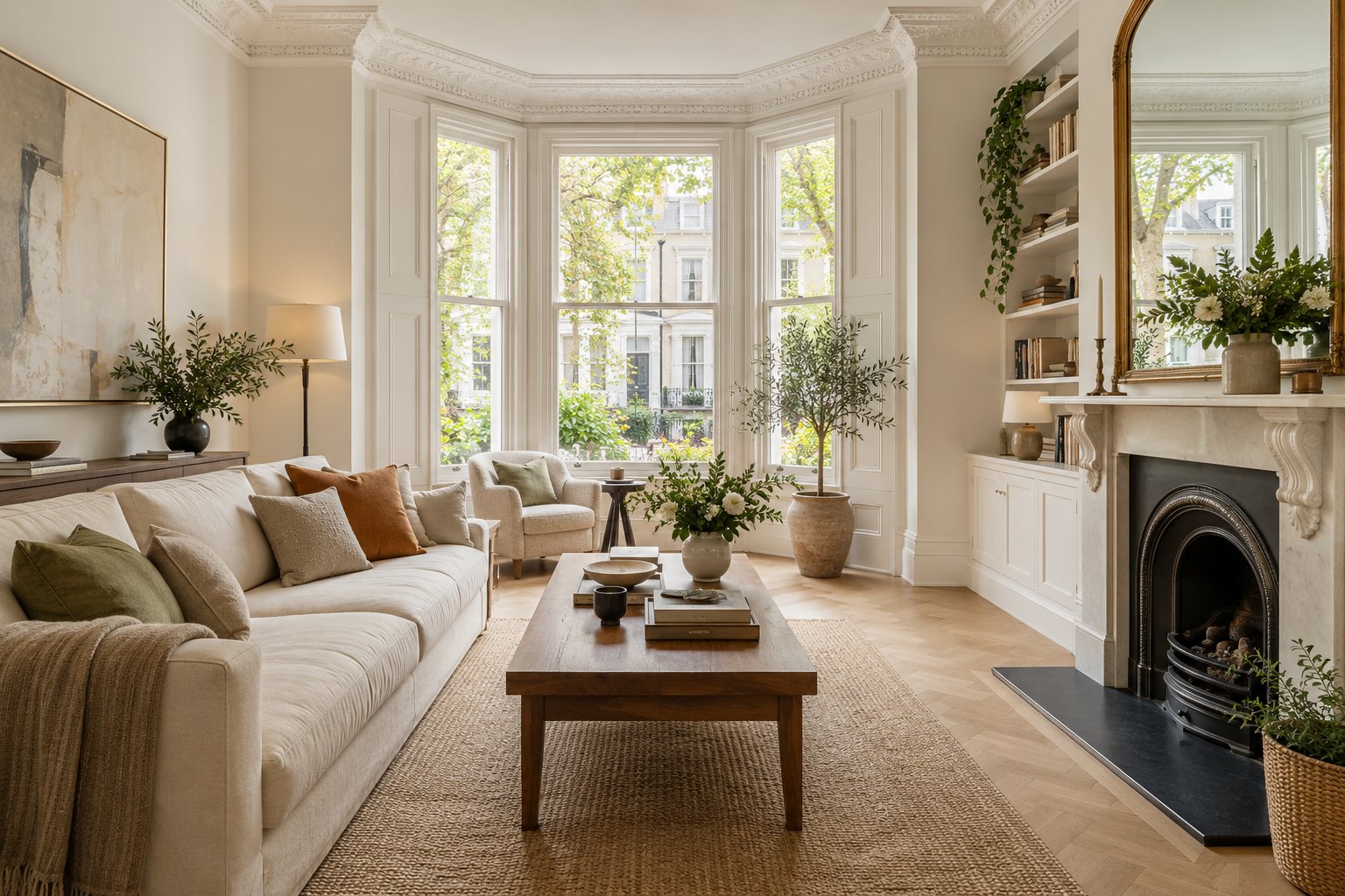 Living room with a bay window, marble fireplace and cream sofa