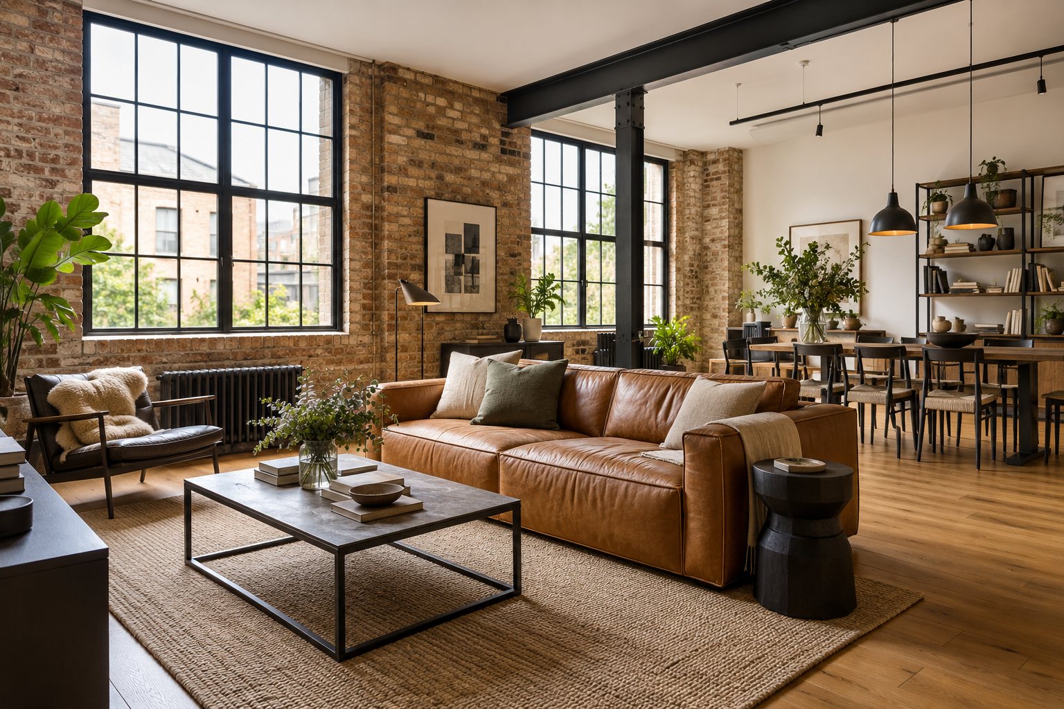 Warehouse-style living room with exposed brick and a leather sofa